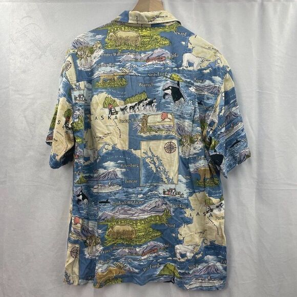 Dem Crazy Shirt Men's Size Large Short Sleeve Button Up Hawaiian Alaska Map Blue - Picture 3 of 5